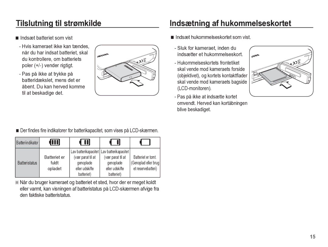 Samsung EC-WP10ZZBPBE2 manual Indsætning af hukommelseskortet, Indsæt batteriet som vist, Indsæt hukommelseskortet som vist 