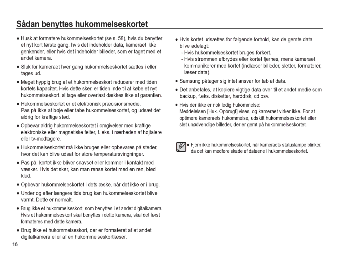 Samsung EC-WP10ZZBPRE2, EC-WP10ZZBPYE2, EC-WP10ZZBPBE2 manual Sådan benyttes hukommelseskortet 