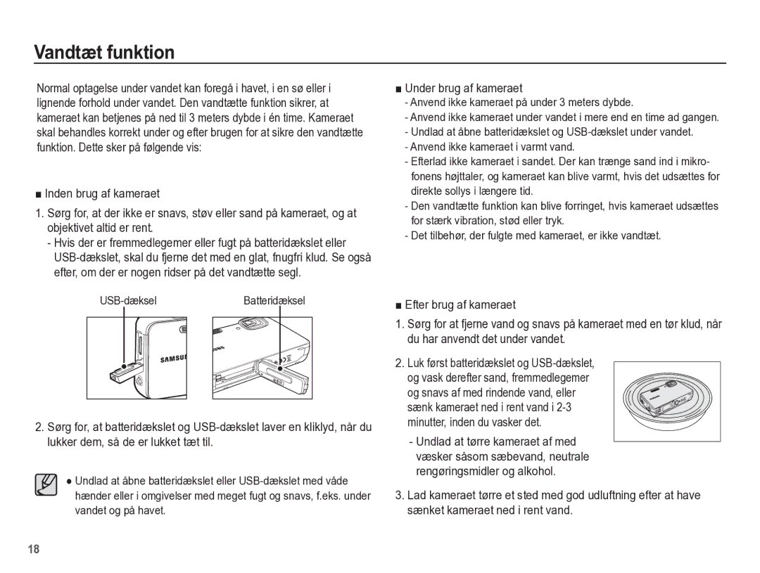 Samsung EC-WP10ZZBPBE2, EC-WP10ZZBPYE2, EC-WP10ZZBPRE2 manual Vandtæt funktion, Under brug af kameraet 