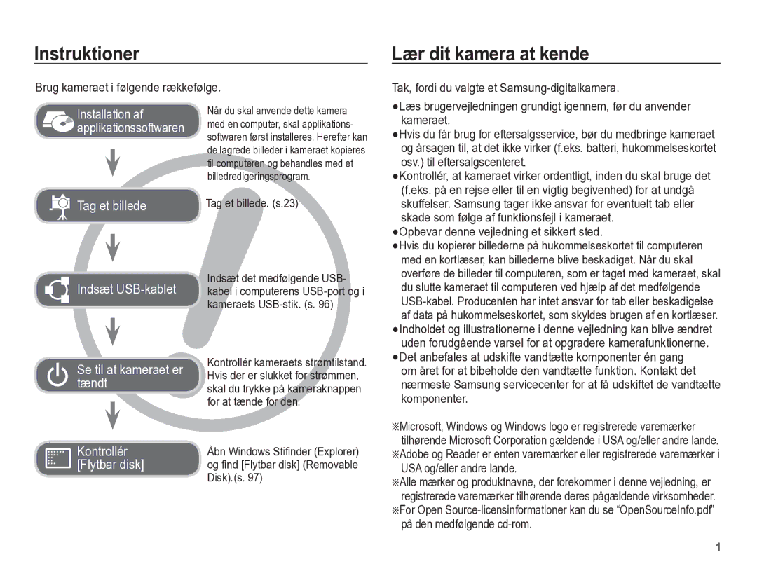 Samsung EC-WP10ZZBPRE2 Instruktioner, Lær dit kamera at kende, Brug kameraet i følgende rækkefølge, Tag et billede. s.23 