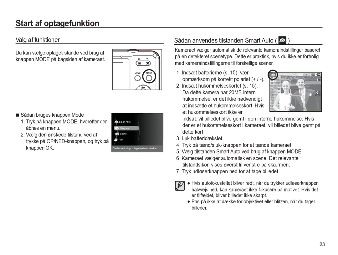 Samsung EC-WP10ZZBPYE2, EC-WP10ZZBPBE2 Start af optagefunktion, Valg af funktioner Sådan anvendes tilstanden Smart Auto 