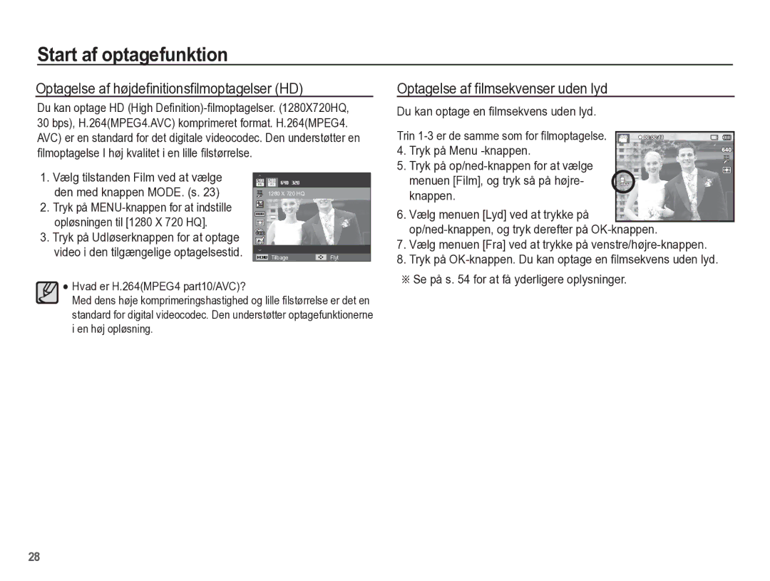 Samsung EC-WP10ZZBPRE2 manual Optagelse af højdeﬁnitionsﬁlmoptagelser HD, Optagelse af ﬁlmsekvenser uden lyd, Knappen 