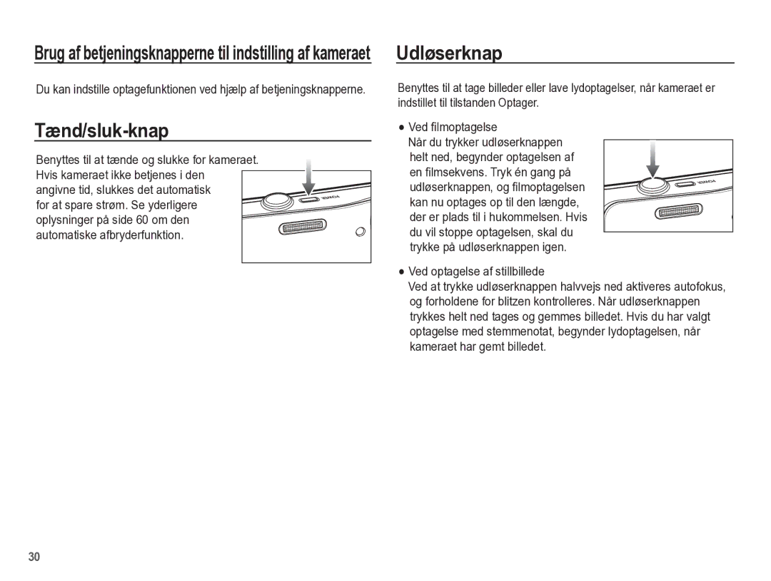 Samsung EC-WP10ZZBPBE2, EC-WP10ZZBPYE2, EC-WP10ZZBPRE2 manual Tænd/sluk-knap, Ved optagelse af stillbillede 