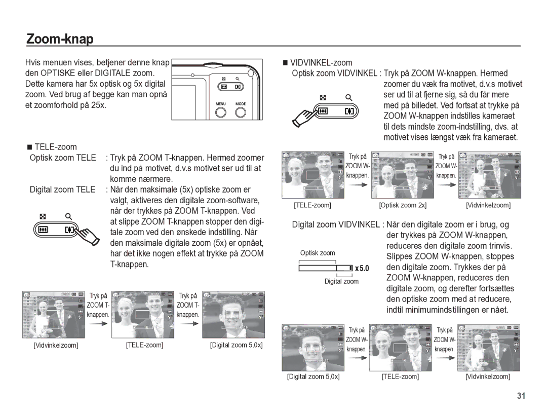 Samsung EC-WP10ZZBPRE2, EC-WP10ZZBPYE2, EC-WP10ZZBPBE2 manual Zoom-knap, Et zoomforhold på, TELE-zoom Optisk zoom Tele 