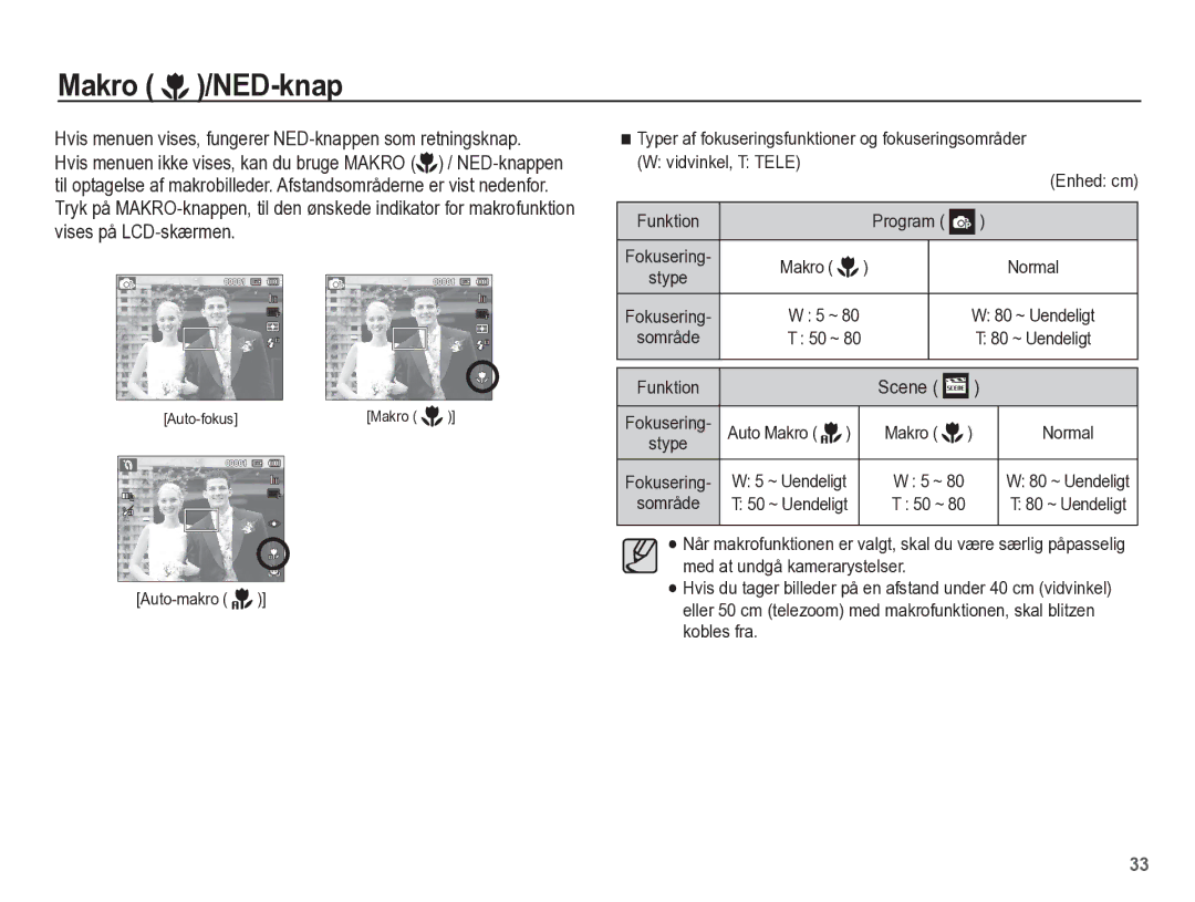 Samsung EC-WP10ZZBPBE2, EC-WP10ZZBPYE2, EC-WP10ZZBPRE2 manual Makro /NED-knap, Funktion, Scene, Auto Makro 