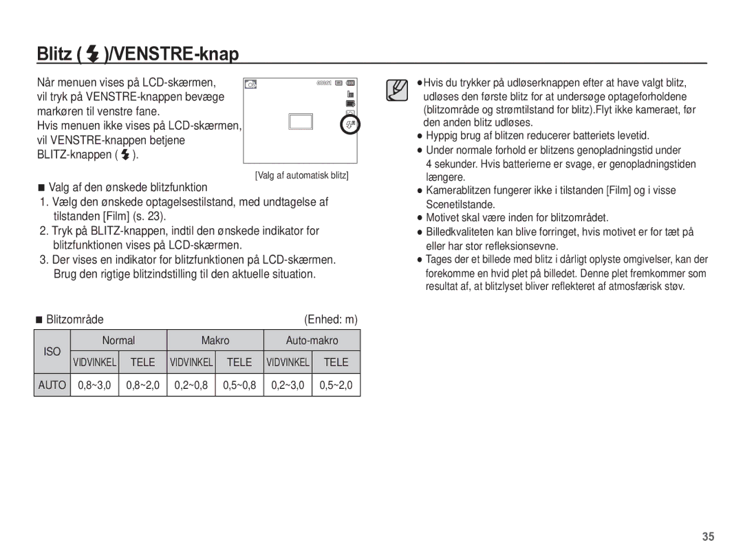 Samsung EC-WP10ZZBPYE2 manual Blitz /VENSTRE-knap, Blitzområde, Vil VENSTRE-knappen betjene BLITZ-knappen, ~3,0 ~2,0 ~0,8 