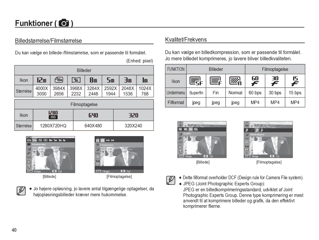 Samsung EC-WP10ZZBPRE2, EC-WP10ZZBPYE2, EC-WP10ZZBPBE2 manual Billedstørrelse/Filmstørrelse, Kvalitet/Frekvens 