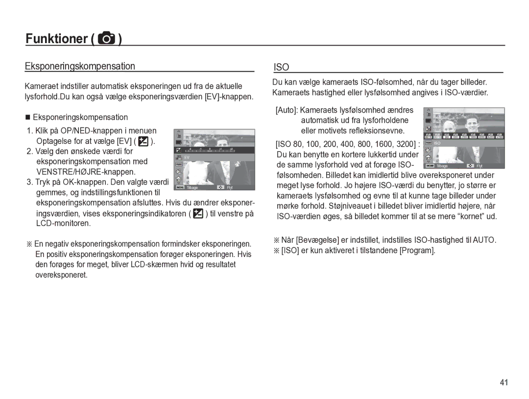 Samsung EC-WP10ZZBPYE2 Eksponeringskompensation, Gemmes, og indstillingsfunktionen til, ISO 80, 100, 200, 400, 800, 1600 