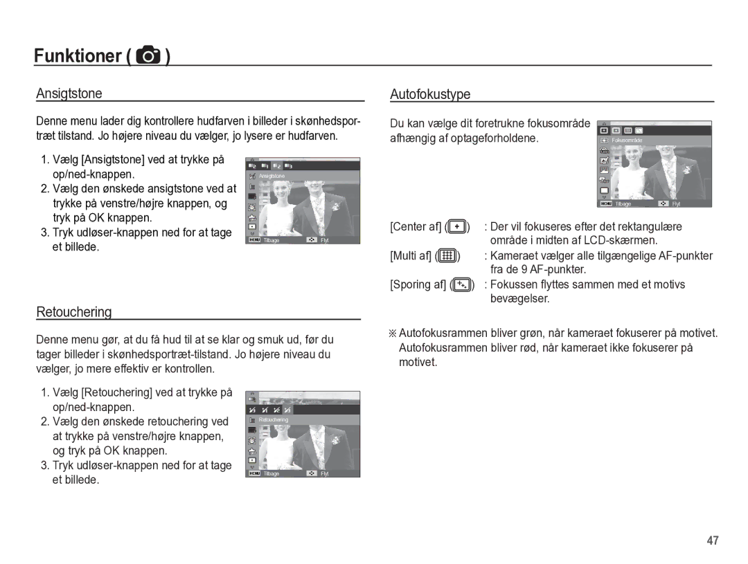 Samsung EC-WP10ZZBPYE2, EC-WP10ZZBPBE2 manual Ansigtstone Autofokustype, Retouchering, Fra de 9 AF-punkter, Bevægelser 