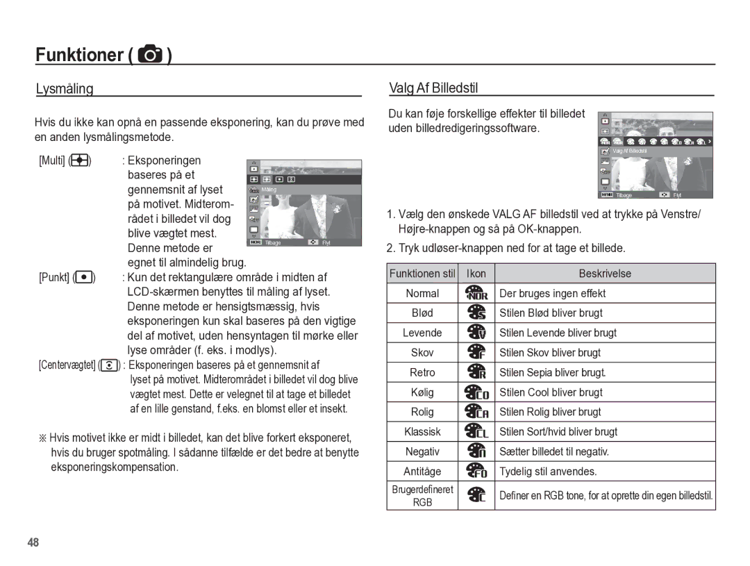 Samsung EC-WP10ZZBPBE2, EC-WP10ZZBPYE2, EC-WP10ZZBPRE2 manual Lysmåling, Valg Af Billedstil 