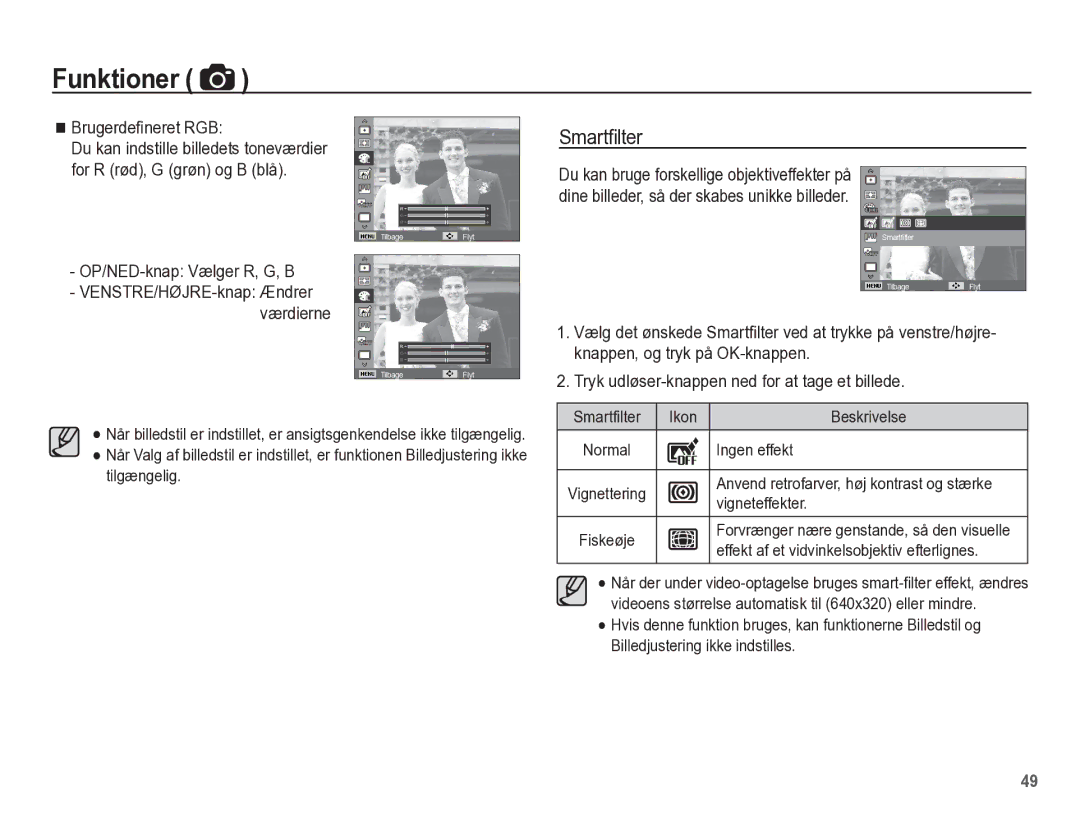 Samsung EC-WP10ZZBPRE2, EC-WP10ZZBPYE2, EC-WP10ZZBPBE2 manual Smartﬁlter, Brugerdeﬁneret RGB, OP/NED-knap Vælger R, G, B 