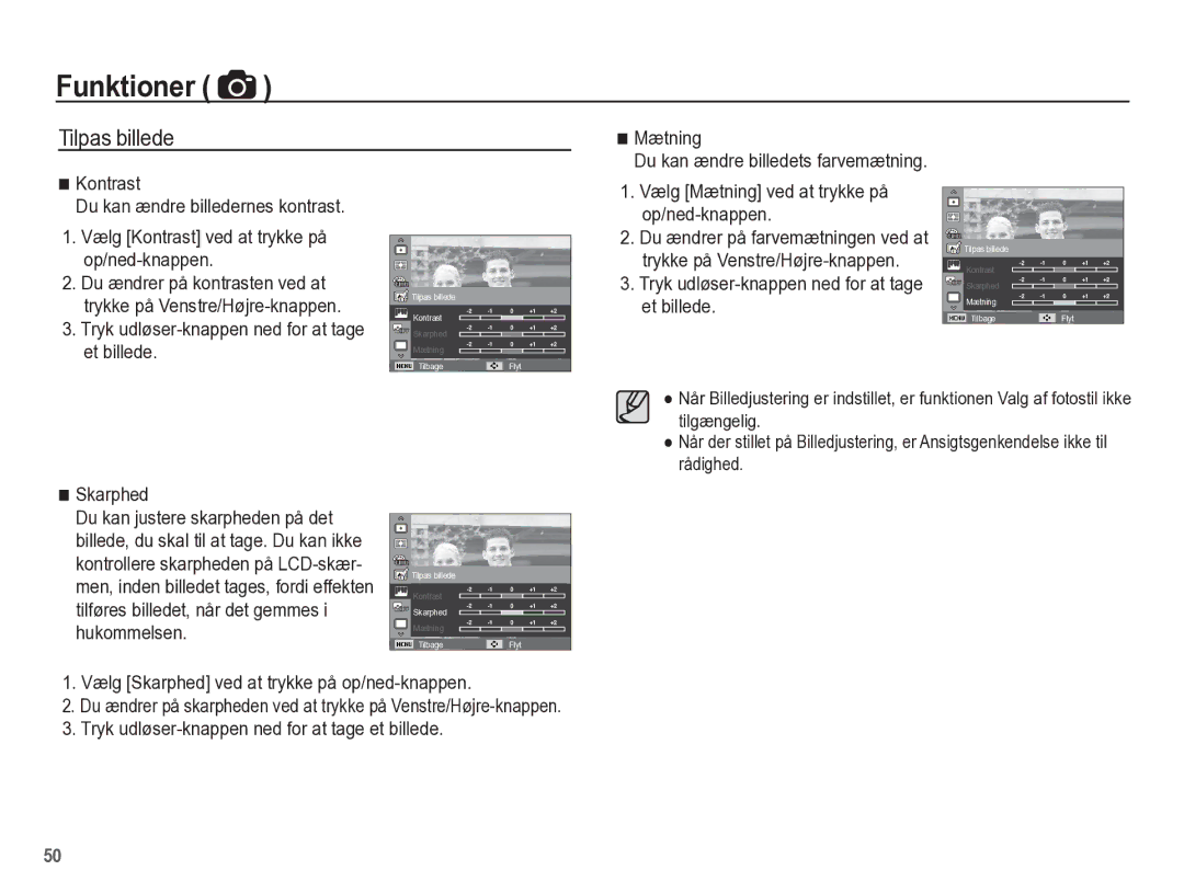 Samsung EC-WP10ZZBPYE2, EC-WP10ZZBPBE2 manual Tilpas billede, Vælg Mætning ved at trykke på op/ned-knappen, Skarphed 