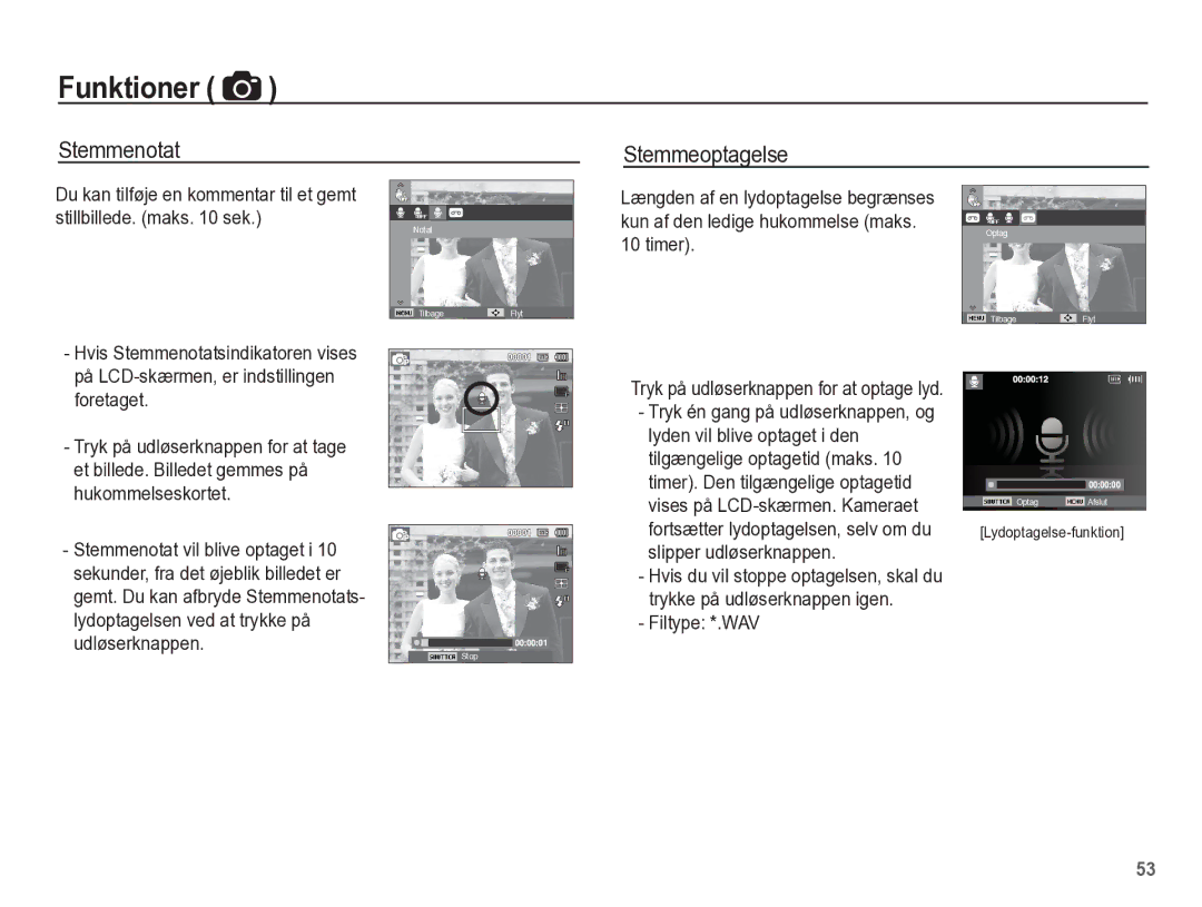 Samsung EC-WP10ZZBPYE2 manual Stemmenotat, Stemmeoptagelse, Kun af den ledige hukommelse maks, Timer, Filtype *.WAV 