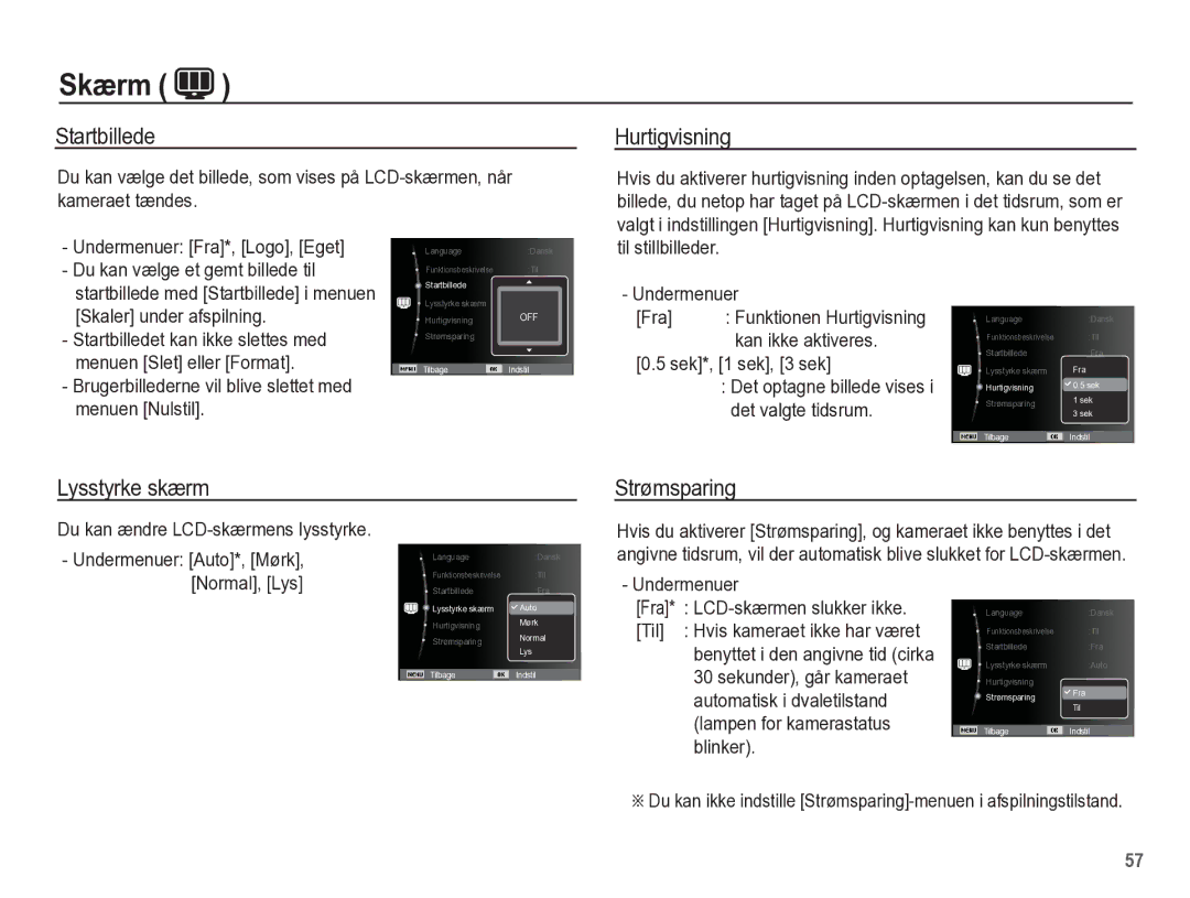 Samsung EC-WP10ZZBPBE2, EC-WP10ZZBPYE2, EC-WP10ZZBPRE2 manual Startbillede, Hurtigvisning, Lysstyrke skærm, Strømsparing 