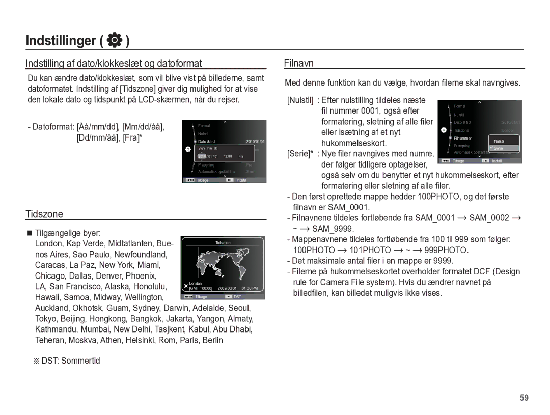 Samsung EC-WP10ZZBPYE2, EC-WP10ZZBPBE2, EC-WP10ZZBPRE2 manual Indstilling af dato/klokkeslæt og datoformat, Tidszone, Filnavn 