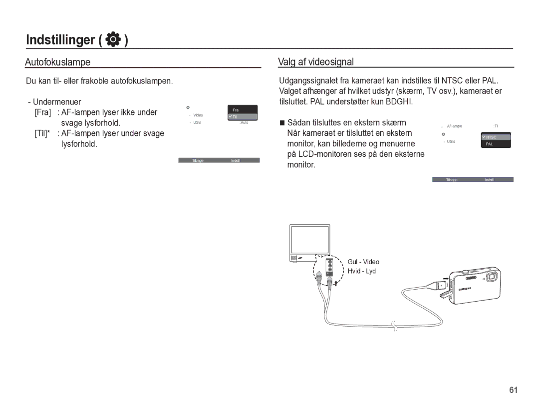 Samsung EC-WP10ZZBPRE2 manual Autofokuslampe Valg af videosignal, Monitor, Du kan til- eller frakoble autofokuslampen 