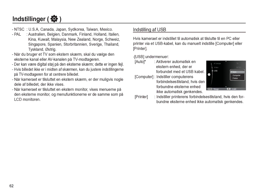 Samsung EC-WP10ZZBPYE2 Indstilling af USB, Ntsc U.S.A, Canada, Japan, Sydkorea, Taiwan, Mexico, Ekstern enhed, der er 