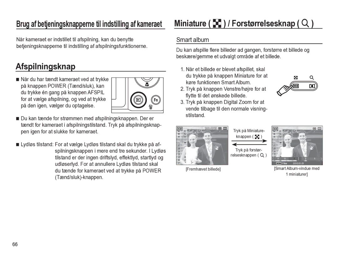 Samsung EC-WP10ZZBPBE2, EC-WP10ZZBPYE2, EC-WP10ZZBPRE2 manual Afspilningsknap, Miniature º / Forstørrelsesknap í, Smart album 