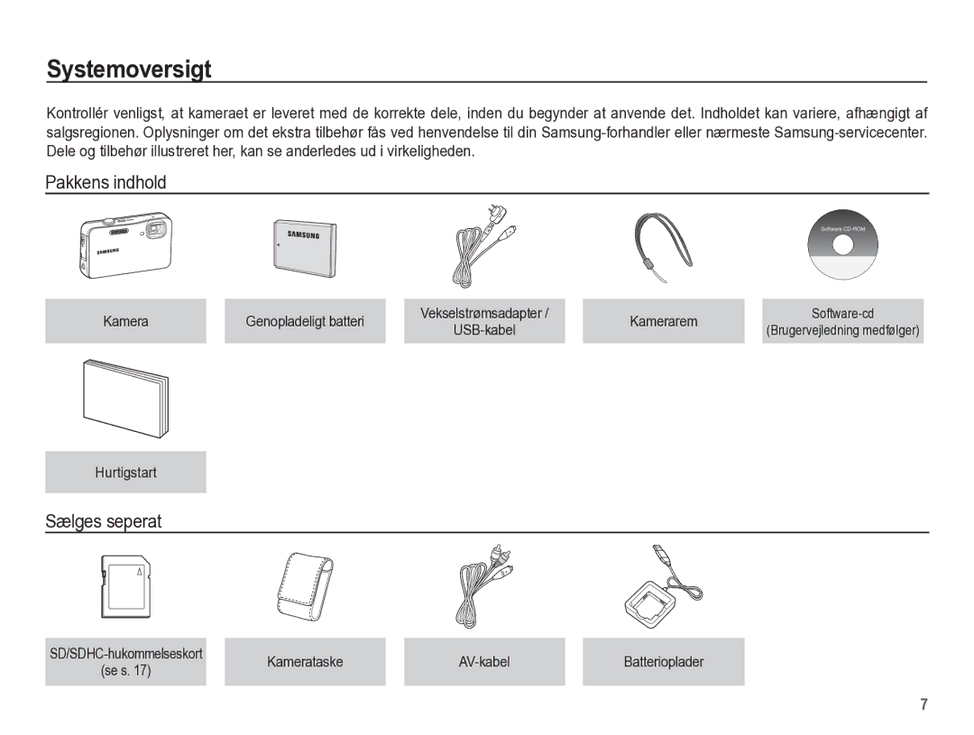 Samsung EC-WP10ZZBPRE2, EC-WP10ZZBPYE2, EC-WP10ZZBPBE2 manual Systemoversigt, Pakkens indhold, Sælges seperat 