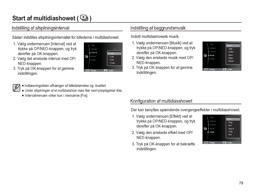 Samsung EC-WP10ZZBPRE2 Indstilling af afspilningsinterval, Indstilling af baggrundsmusik, Konfiguration af multidiasshowet 