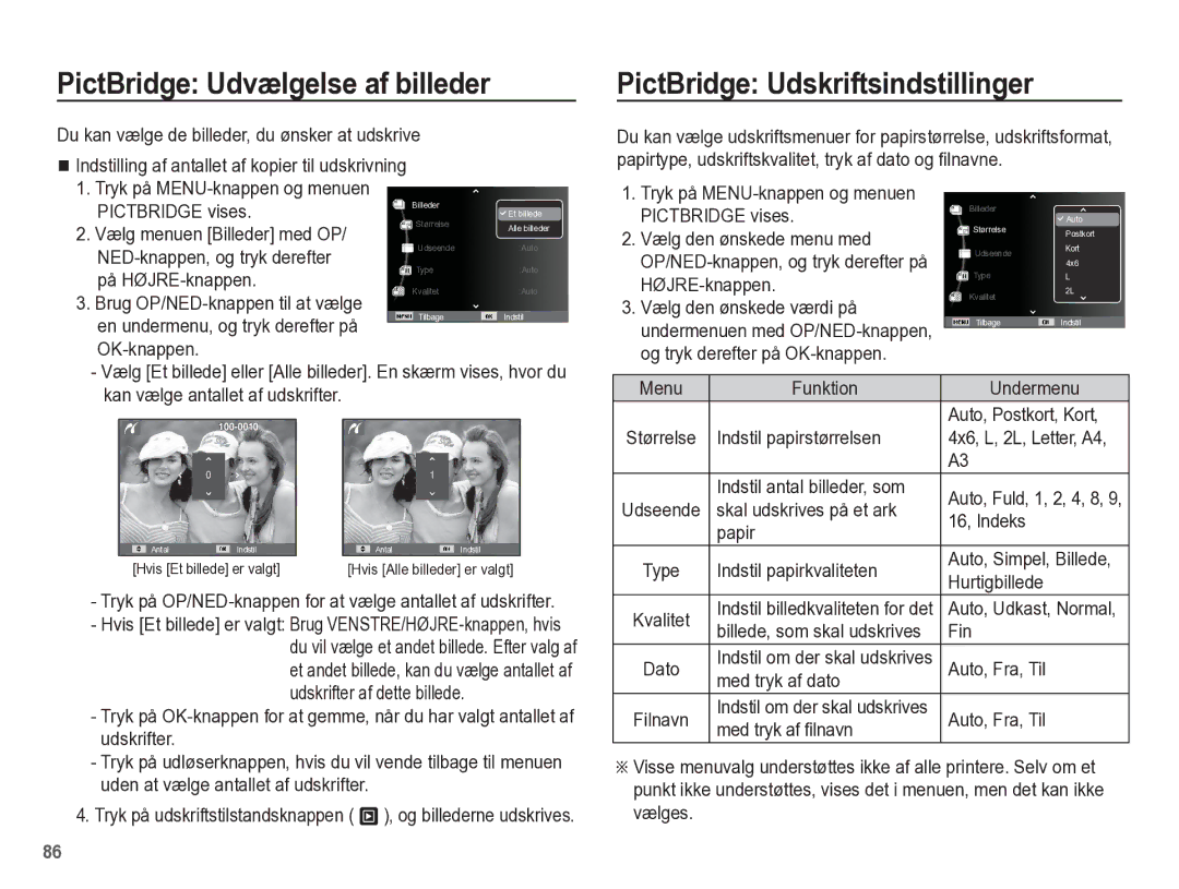 Samsung EC-WP10ZZBPYE2, EC-WP10ZZBPBE2, EC-WP10ZZBPRE2 PictBridge Udvælgelse af billeder, PictBridge Udskriftsindstillinger 