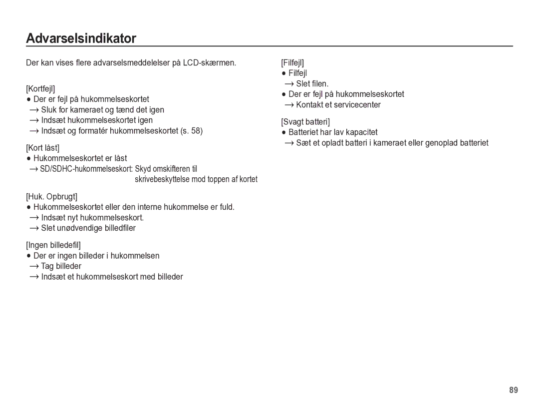 Samsung EC-WP10ZZBPYE2, EC-WP10ZZBPBE2, EC-WP10ZZBPRE2 Indsæt og formatér hukommelseskortet s, Slet filen, Filfejl Filfejl 