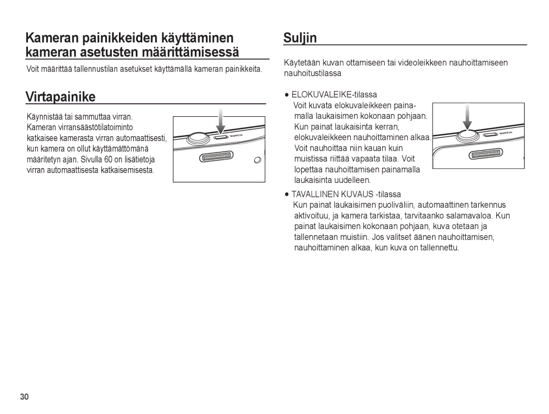 Samsung EC-WP10ZZBPBE2, EC-WP10ZZBPYE2 manual Virtapainike, Suljin, Laukaisinta uudelleen Tavallinen Kuvaus -tilassa 