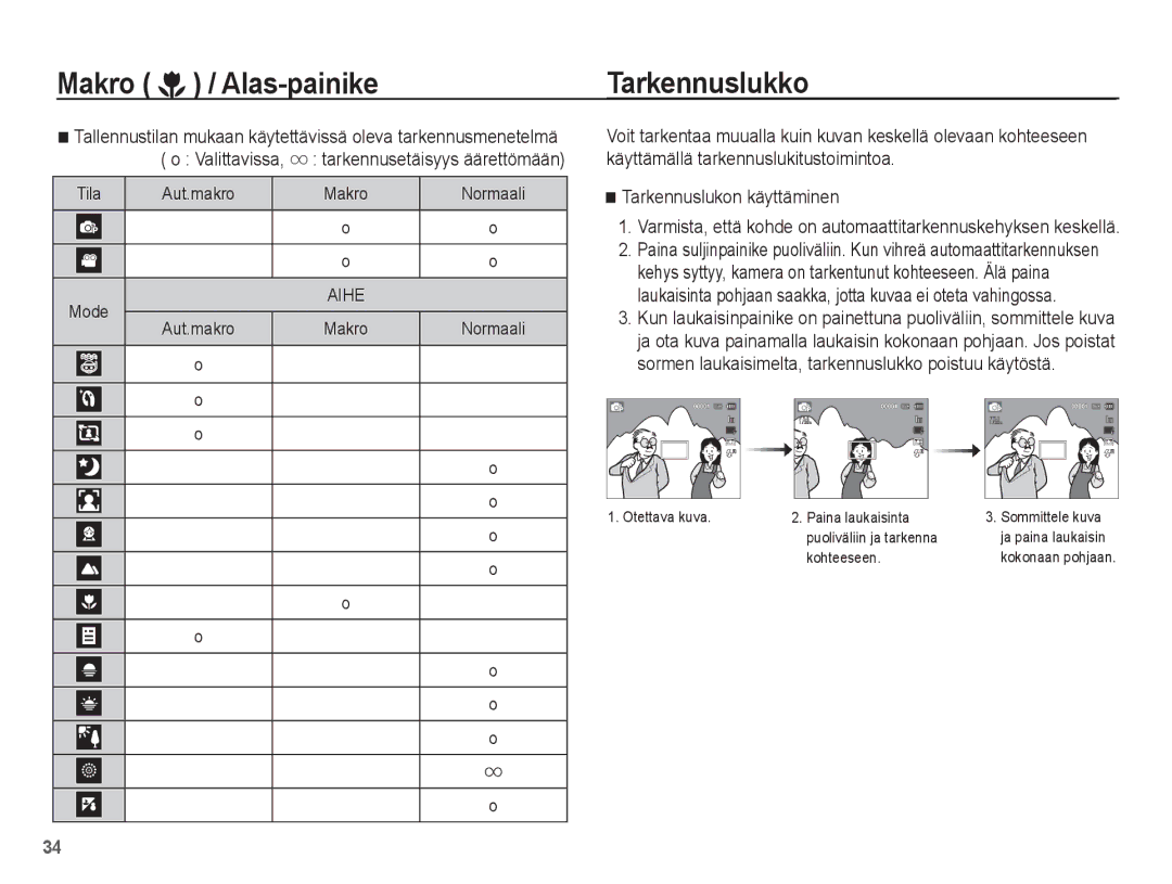 Samsung EC-WP10ZZBPRE2, EC-WP10ZZBPYE2, EC-WP10ZZBPBE2 manual Alas-painike Tarkennuslukko, Tarkennuslukon käyttäminen 