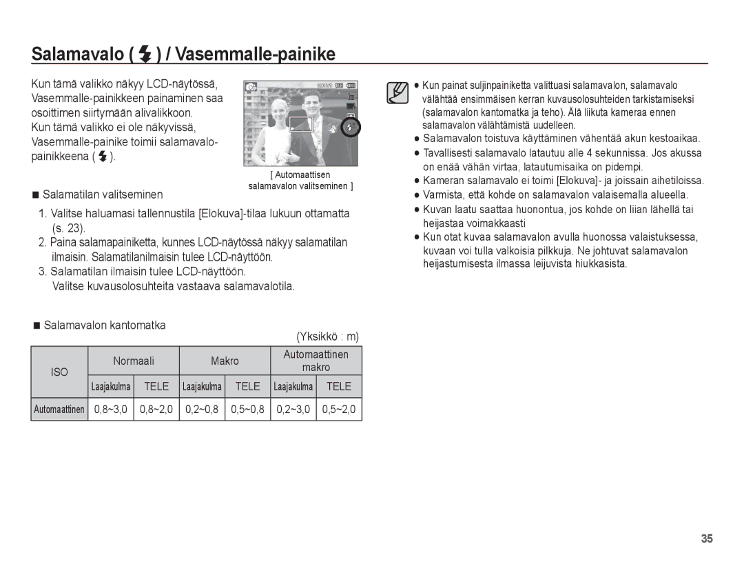 Samsung EC-WP10ZZBPYE2 manual Salamavalo / Vasemmalle-painike, Salamatilan valitseminen, Normaali Makro, ~3,0 ~2,0 ~0,8 