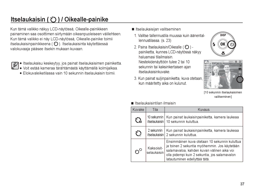 Samsung EC-WP10ZZBPRE2, EC-WP10ZZBPYE2, EC-WP10ZZBPBE2 manual Itselaukaisin / Oikealle-painike, Sekunnin kuluttua 