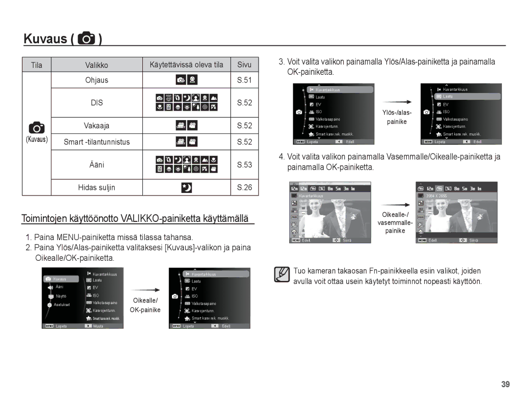 Samsung EC-WP10ZZBPBE2 manual Paina MENU-painiketta missä tilassa tahansa, Käytettävissä oleva tila Sivu, OK-painiketta 