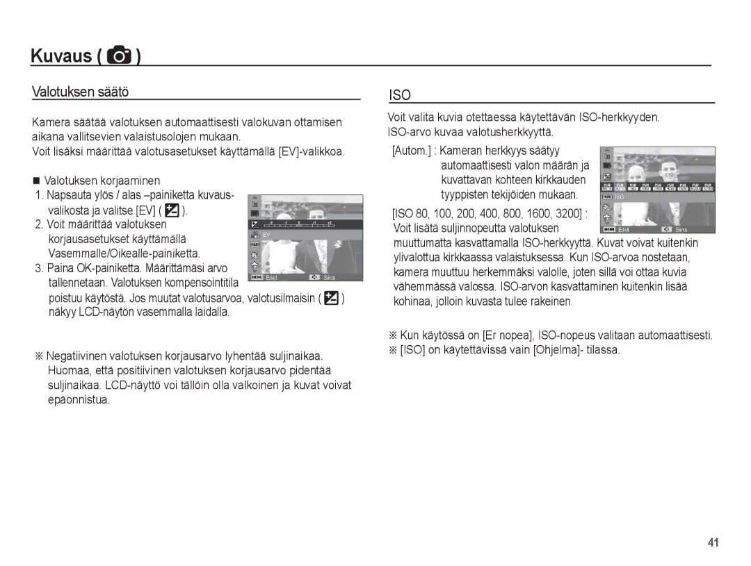 Samsung EC-WP10ZZBPYE2 manual Valotuksen säätö, Autom. Kameran herkkyys säätyy, Voit lisätä suljinnopeutta valotuksen 