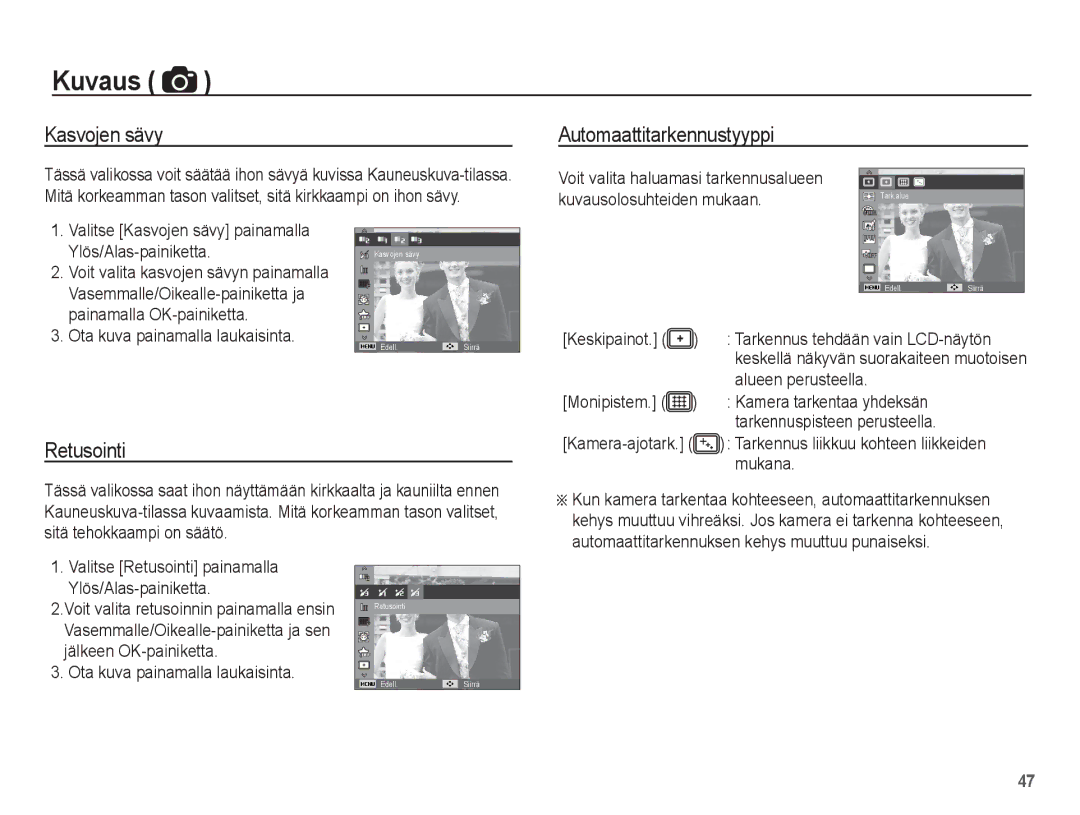 Samsung EC-WP10ZZBPYE2, EC-WP10ZZBPBE2, EC-WP10ZZBPRE2 manual Kasvojen sävy, Automaattitarkennustyyppi, Retusointi 