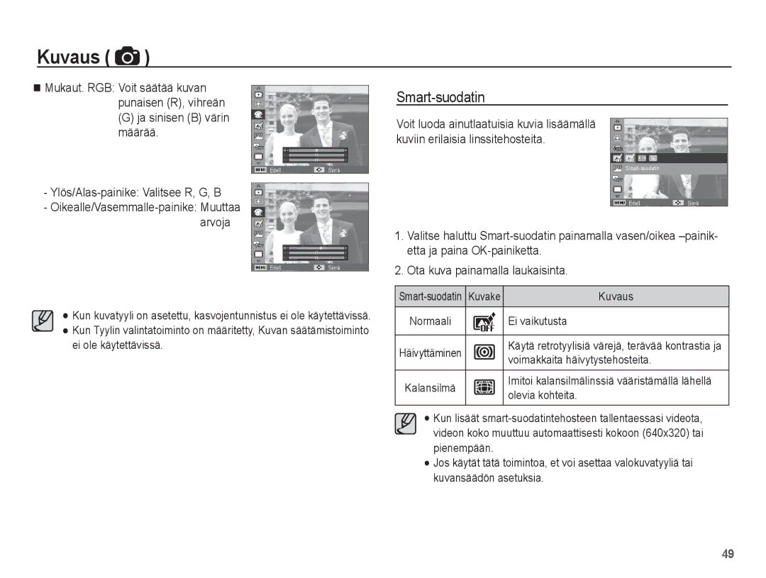 Samsung EC-WP10ZZBPRE2, EC-WP10ZZBPYE2 manual Smart-suodatin, Ja sinisen B värin määrää, Ylös/Alas-painike Valitsee R, G, B 