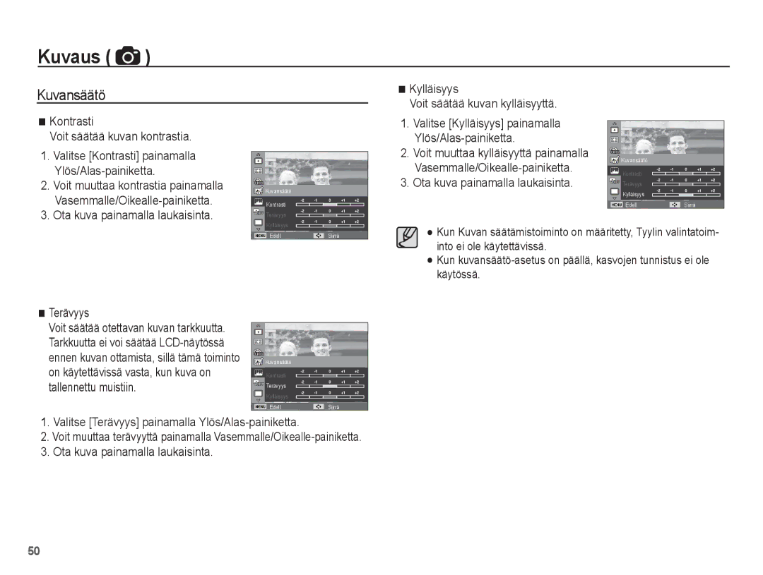 Samsung EC-WP10ZZBPYE2, EC-WP10ZZBPBE2, EC-WP10ZZBPRE2 manual Kuvansäätö, Ylös/Alas-painiketta, Terävyys 