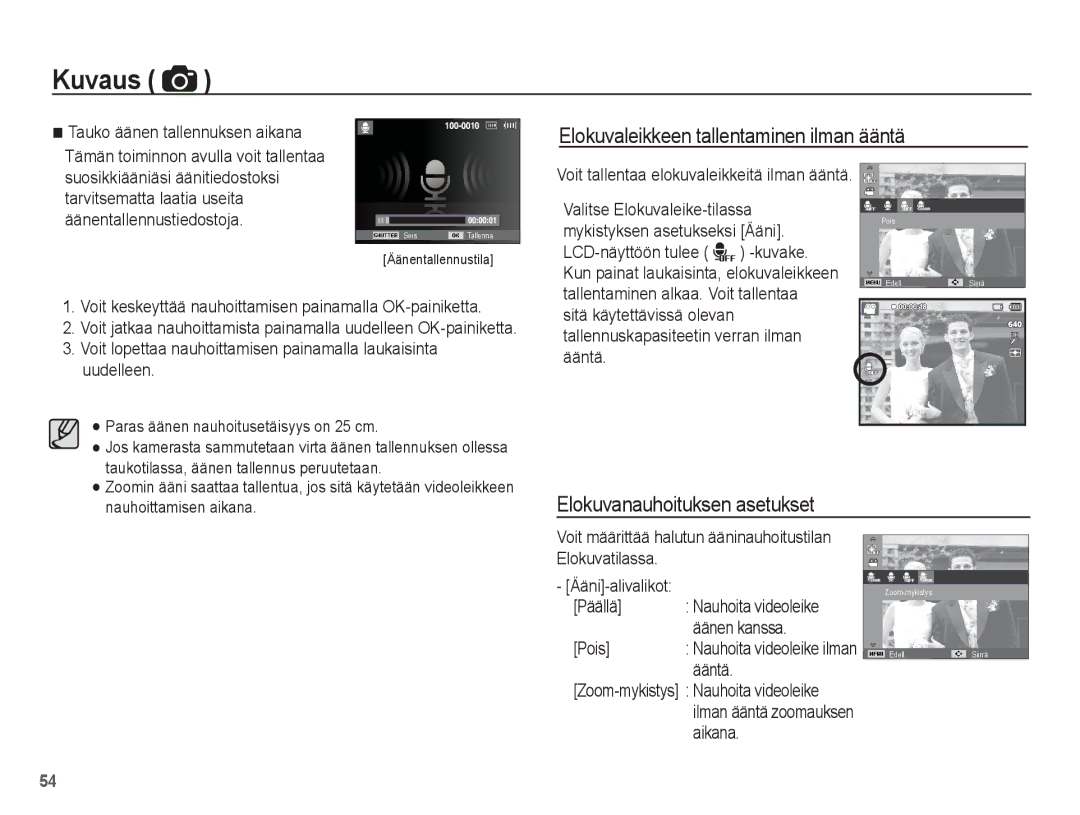 Samsung EC-WP10ZZBPBE2, EC-WP10ZZBPYE2 manual Elokuvanauhoituksen asetukset, Tauko äänen tallennuksen aikana, Ääntä 