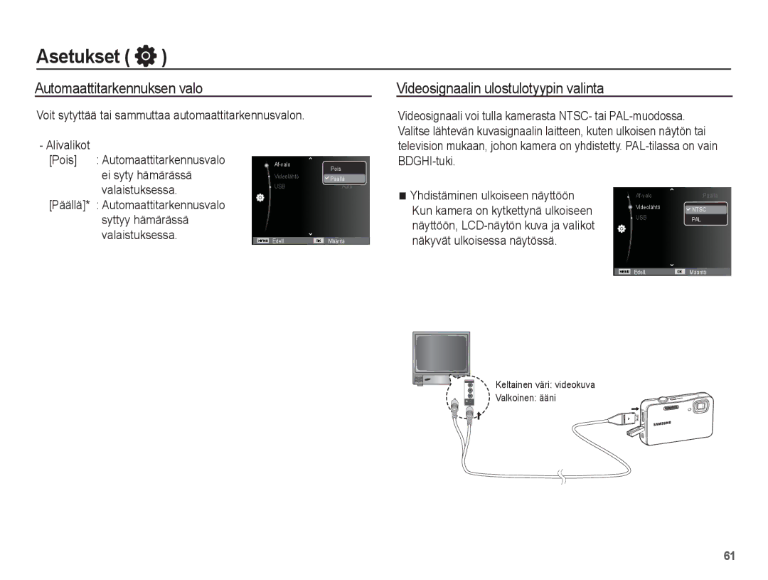 Samsung EC-WP10ZZBPRE2, EC-WP10ZZBPYE2, EC-WP10ZZBPBE2 Automaattitarkennuksen valo, Videosignaalin ulostulotyypin valinta 