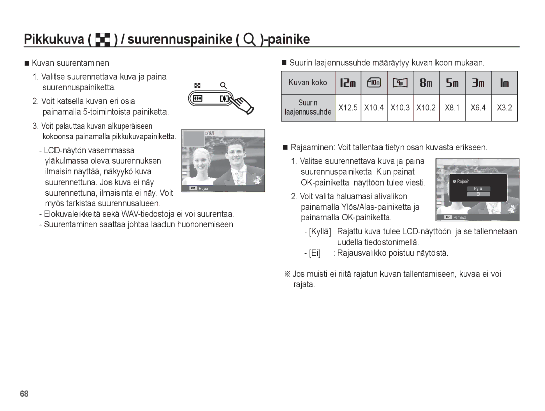 Samsung EC-WP10ZZBPYE2, EC-WP10ZZBPBE2 Suurin laajennussuhde määräytyy kuvan koon mukaan, Myös tarkistaa suurennusalueen 