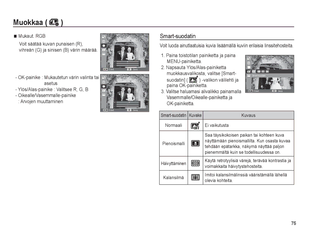 Samsung EC-WP10ZZBPBE2, EC-WP10ZZBPYE2, EC-WP10ZZBPRE2 manual Mukaut. RGB, Suodatin -valikon välilehti ja paina OK-painiketta 