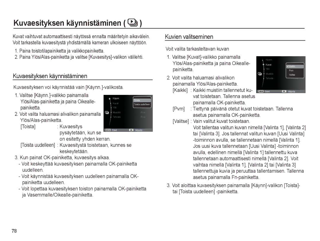 Samsung EC-WP10ZZBPBE2, EC-WP10ZZBPYE2, EC-WP10ZZBPRE2 manual Kuvaesityksen käynnistäminen, Kuvien valitseminen 