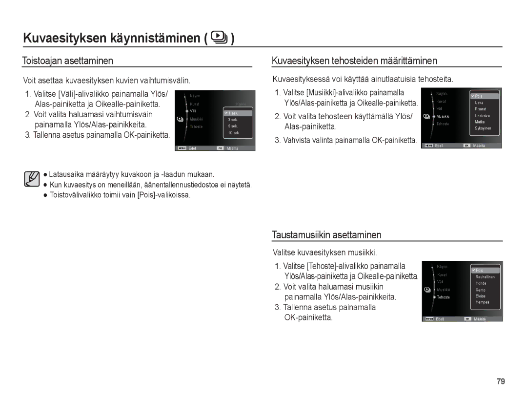 Samsung EC-WP10ZZBPRE2 manual Taustamusiikin asettaminen, Voit asettaa kuvaesityksen kuvien vaihtumisvälin, Alas-painiketta 