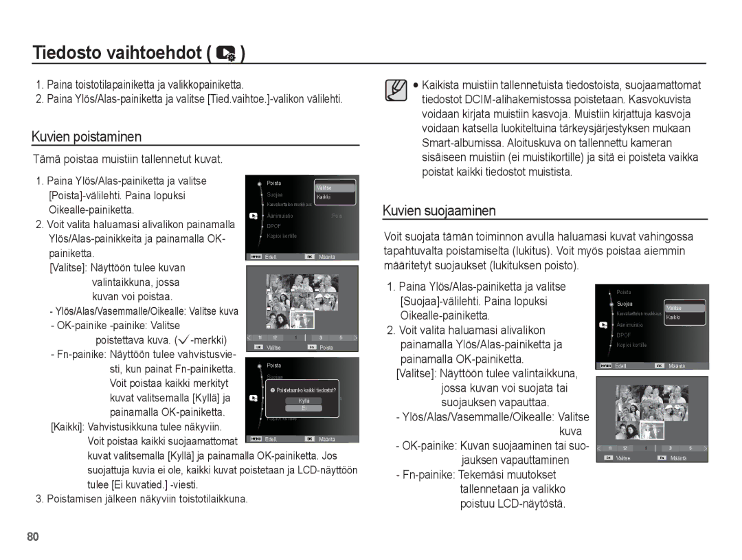 Samsung EC-WP10ZZBPYE2, EC-WP10ZZBPBE2, EC-WP10ZZBPRE2 manual Tiedosto vaihtoehdot, Kuvien poistaminen, Kuvien suojaaminen 