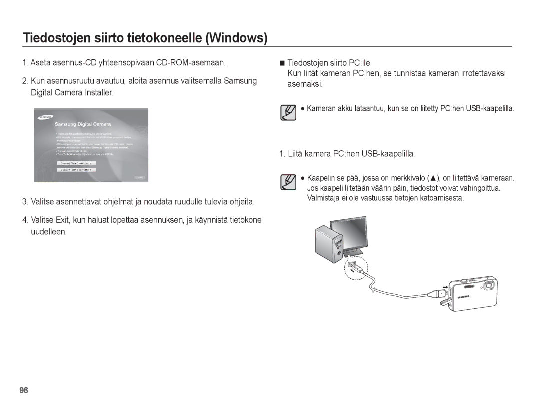 Samsung EC-WP10ZZBPBE2, EC-WP10ZZBPYE2, EC-WP10ZZBPRE2 manual Liitä kamera PChen USB-kaapelilla 