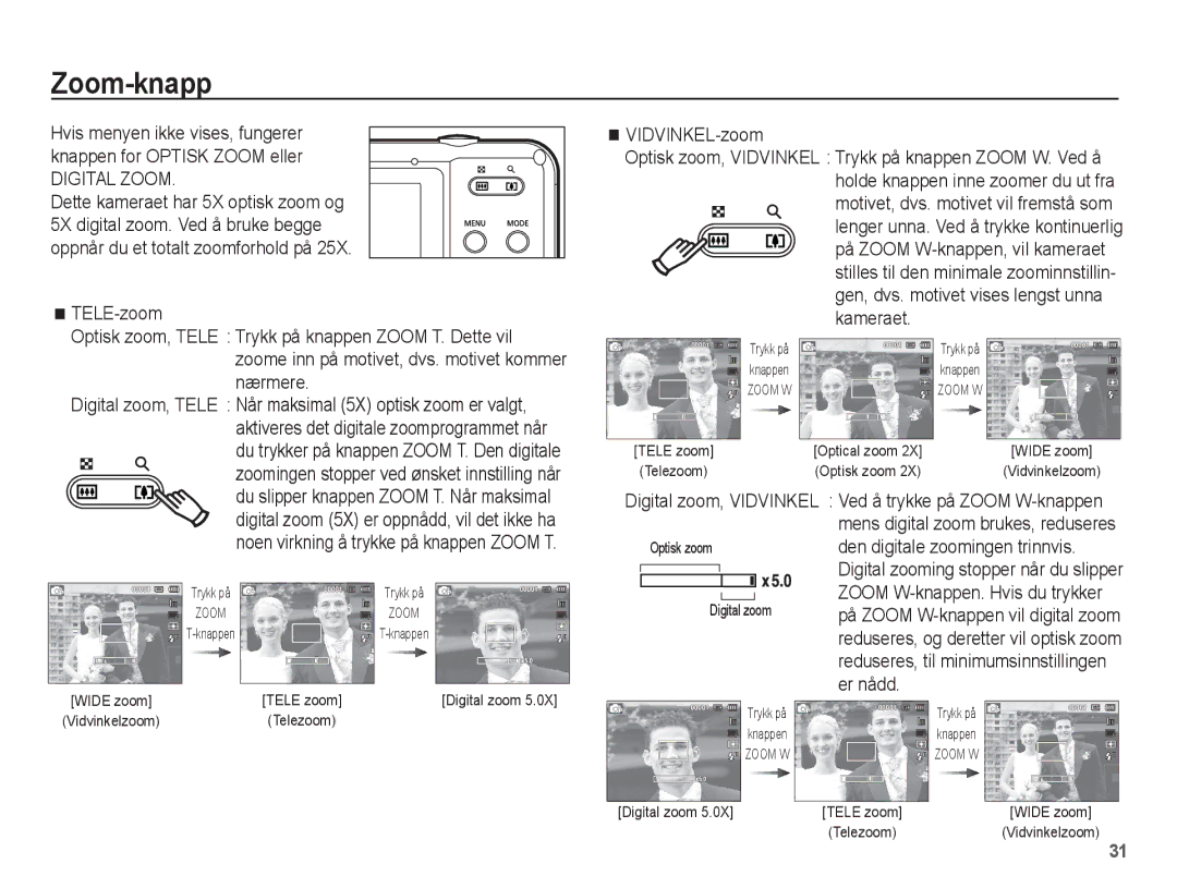Samsung EC-WP10ZZBPRE2, EC-WP10ZZBPYE2, EC-WP10ZZBPBE2 manual Zoom-knapp, Digital zoom, Vidvinkel 