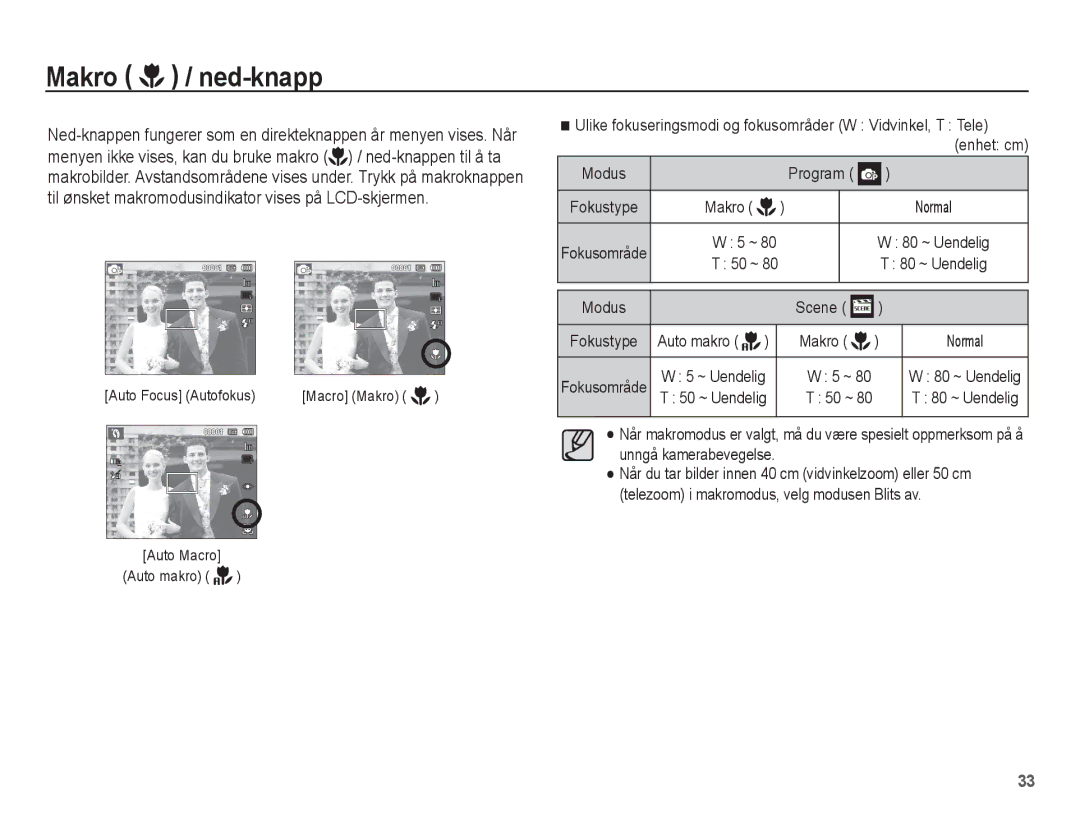 Samsung EC-WP10ZZBPBE2, EC-WP10ZZBPYE2, EC-WP10ZZBPRE2 manual Makro / ned-knapp, Auto Macro Auto makro, Auto makro Makro 