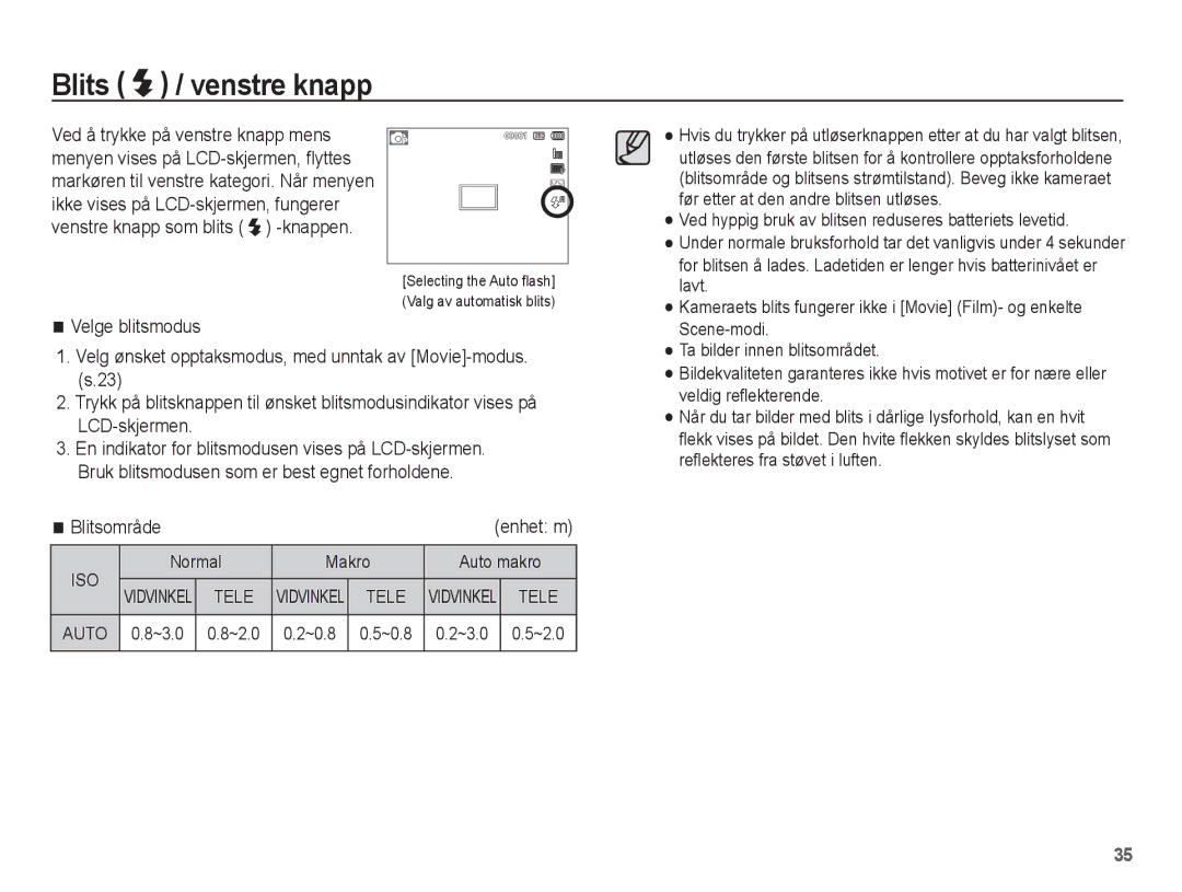 Samsung EC-WP10ZZBPYE2, EC-WP10ZZBPBE2 manual Blits / venstre knapp, Blitsområde, Normal Makro Auto makro, ~3.0 ~2.0 ~0.8 