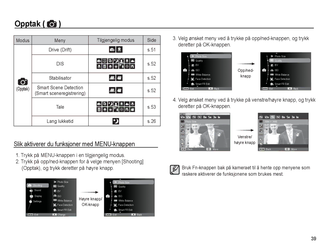 Samsung EC-WP10ZZBPBE2, EC-WP10ZZBPYE2 manual Deretter på OK-knappen, Trykk på MENU-knappen i en tilgjengelig modus 