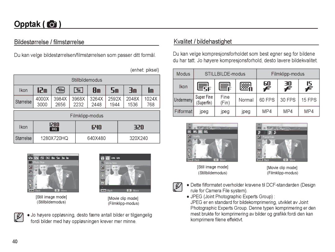 Samsung EC-WP10ZZBPRE2, EC-WP10ZZBPYE2, EC-WP10ZZBPBE2 manual Bildestørrelse / ﬁlmstørrelse, Kvalitet / bildehastighet 