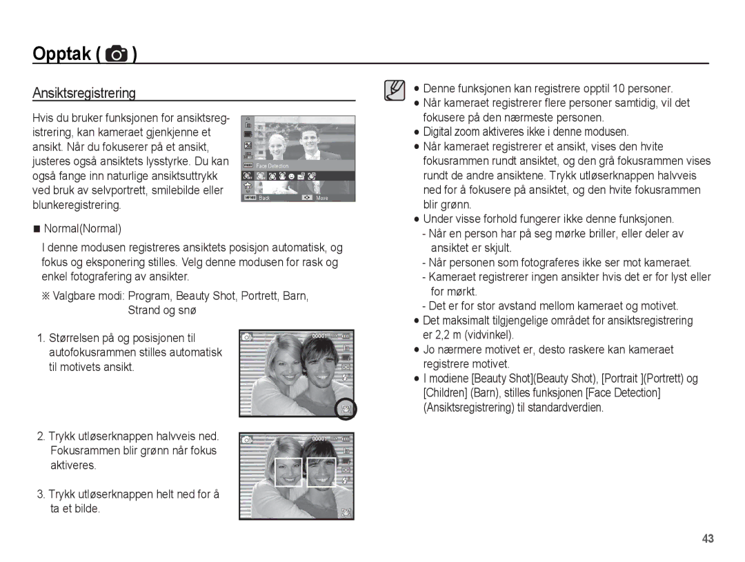 Samsung EC-WP10ZZBPRE2 Ansiktsregistrering, NormalNormal, For mørkt, Når personen som fotograferes ikke ser mot kameraet 