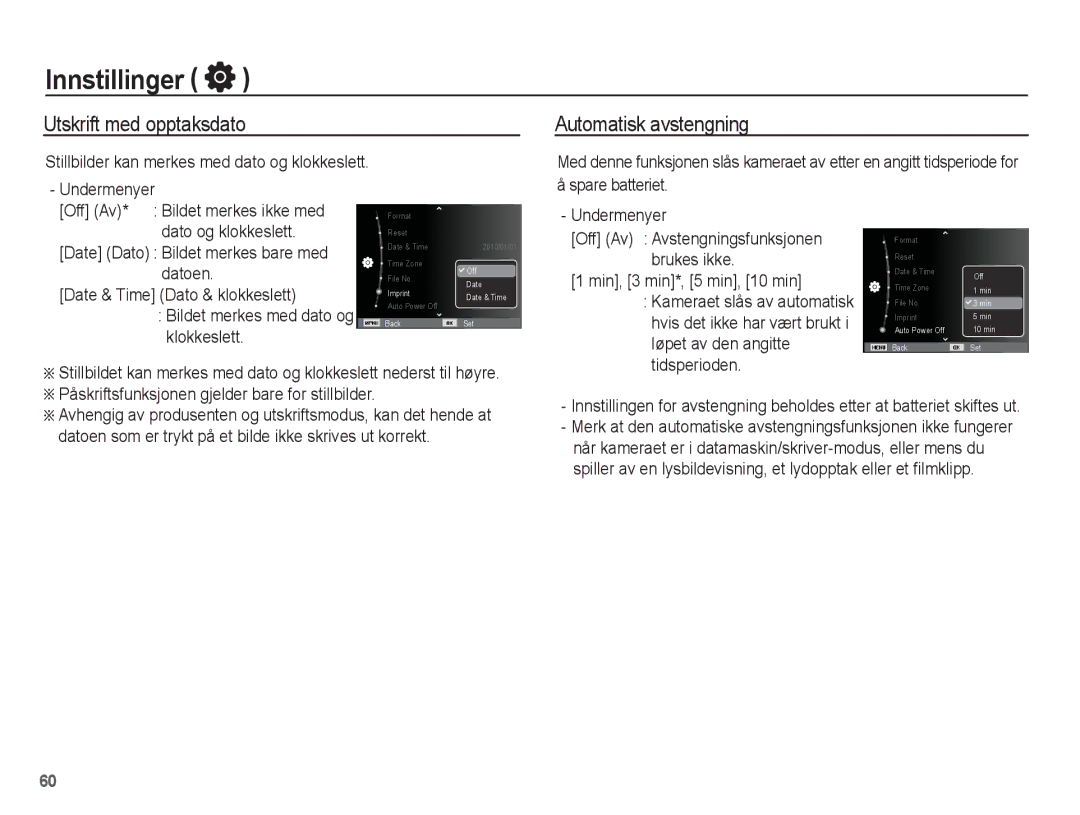 Samsung EC-WP10ZZBPBE2, EC-WP10ZZBPYE2, EC-WP10ZZBPRE2 manual Utskrift med opptaksdato, Automatisk avstengning 